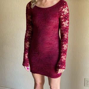 Maroon sheer long sleeve mini dress